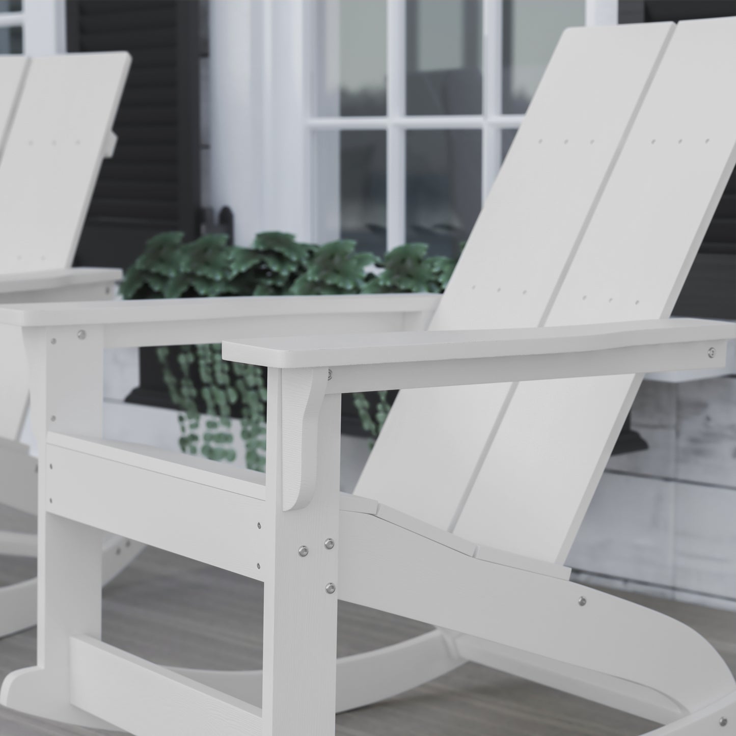 Finn Modern Commercial Grade All-Weather 2-Slat Poly Resin Wood Rocking Adirondack Chair with Rust Resistant Stainless Steel Hardware in White White JJ-C14709-WH-GG