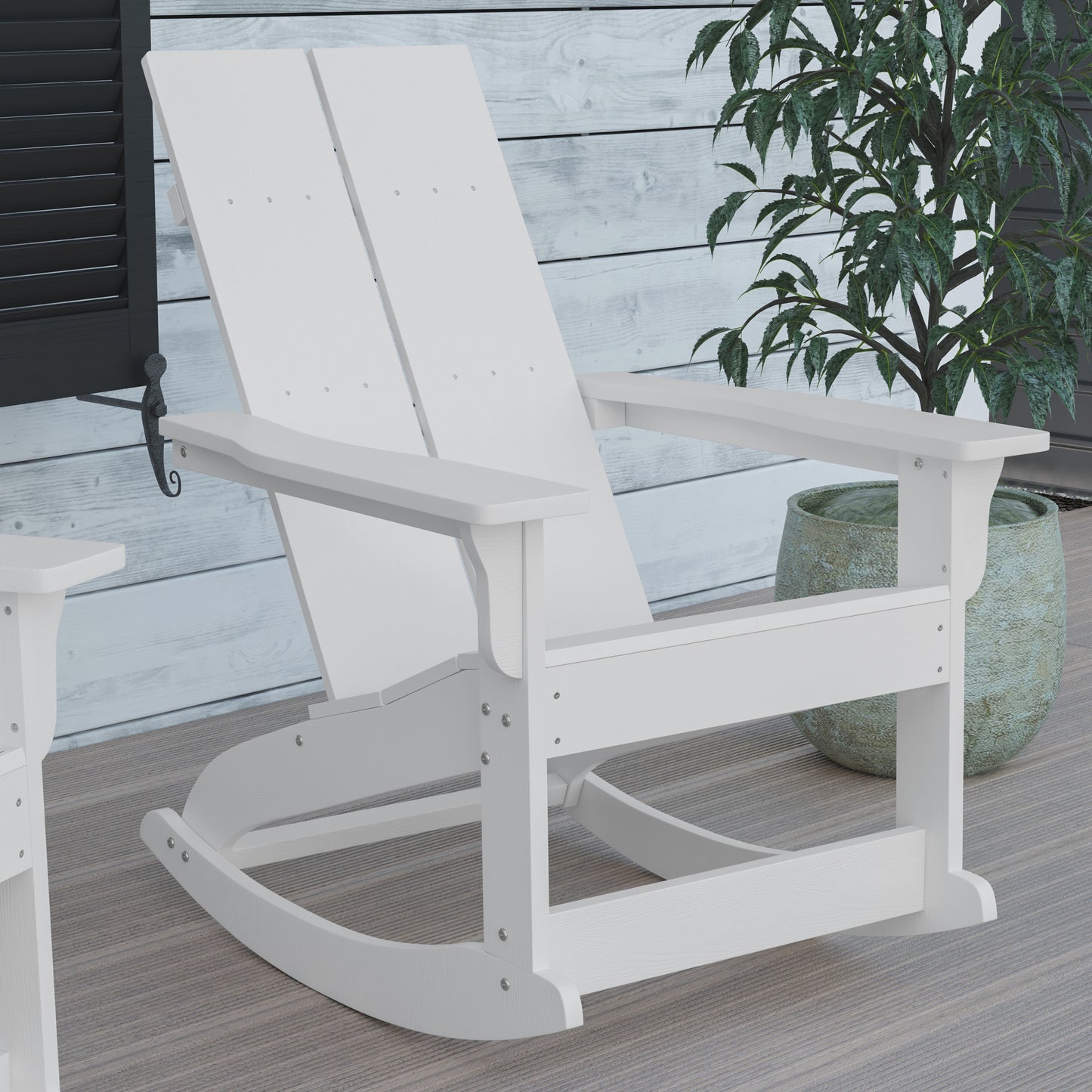 Finn Modern Commercial Grade All-Weather 2-Slat Poly Resin Wood Rocking Adirondack Chair with Rust Resistant Stainless Steel Hardware in White White JJ-C14709-WH-GG