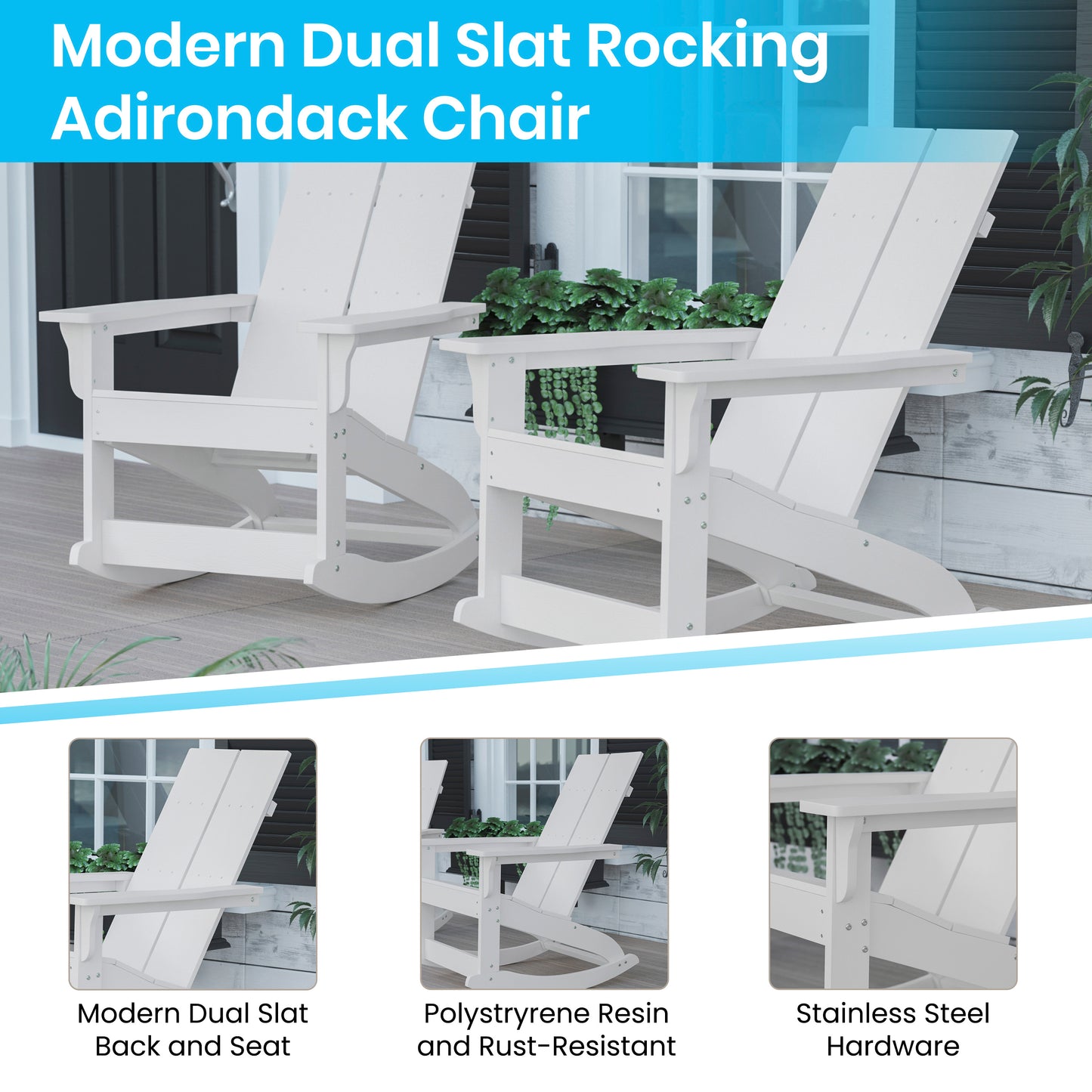 Finn Modern Commercial Grade All-Weather 2-Slat Poly Resin Wood Rocking Adirondack Chair with Rust Resistant Stainless Steel Hardware in White White JJ-C14709-WH-GG