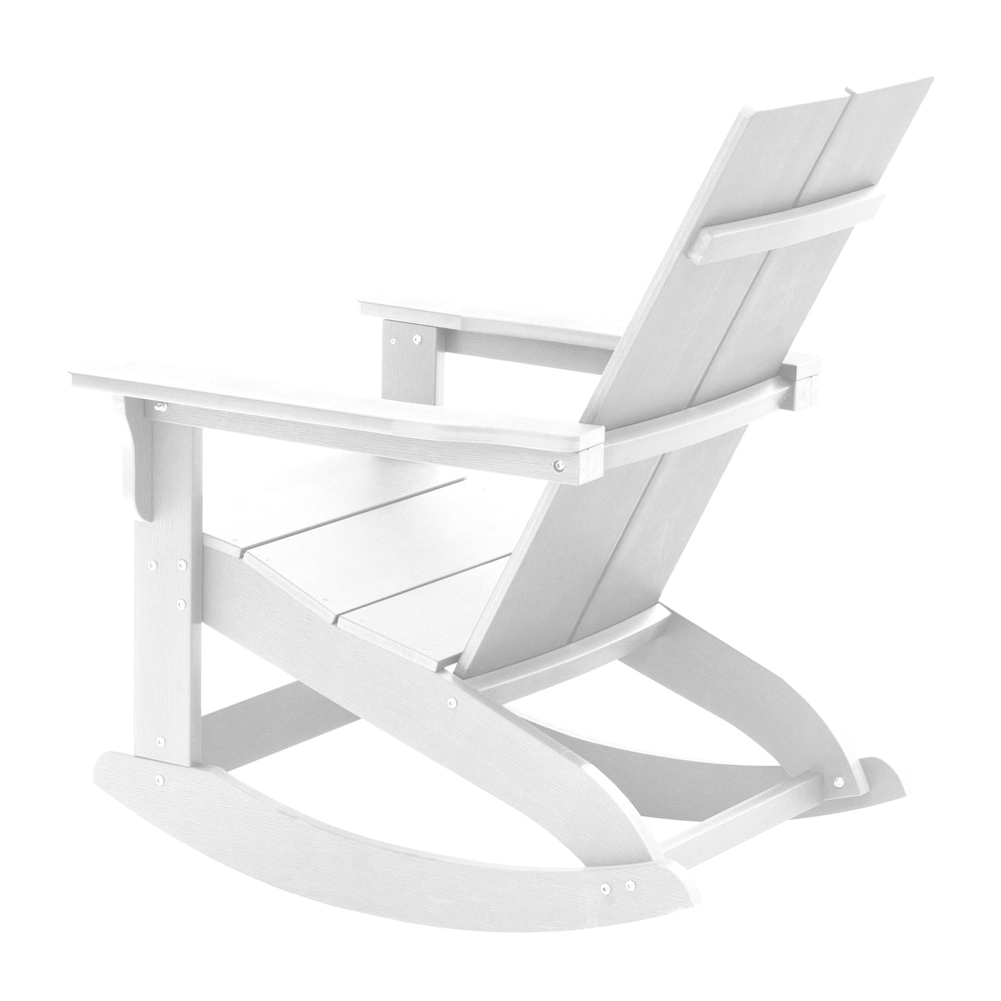 Finn Modern Commercial Grade All-Weather 2-Slat Poly Resin Wood Rocking Adirondack Chair with Rust Resistant Stainless Steel Hardware in White White JJ-C14709-WH-GG