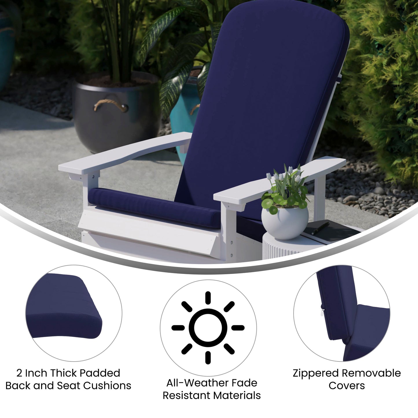 Charlestown Set of 2 All Weather Indoor/Outdoor High Back Adirondack Chair Cushions, Patio Furniture Replacement Cushions - Blue Blue