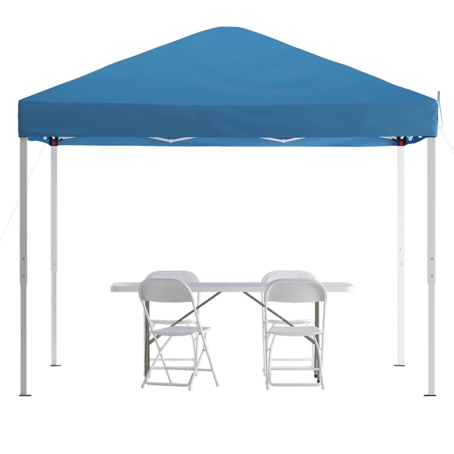 Otis Portable Tailgate/Event Tent Set - 10'x10' Blue Pop Up Canopy Tent, 6-Foot Bi-Fold Table, Set of 4 White Folding Chairs Blue