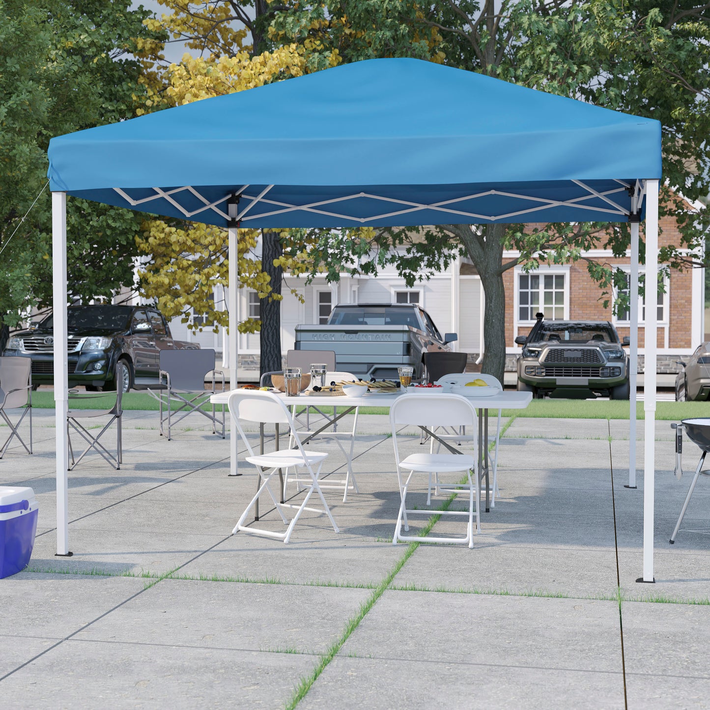 Otis Portable Tailgate/Event Tent Set - 10'x10' Blue Pop Up Canopy Tent, 6-Foot Bi-Fold Table, Set of 4 White Folding Chairs Blue
