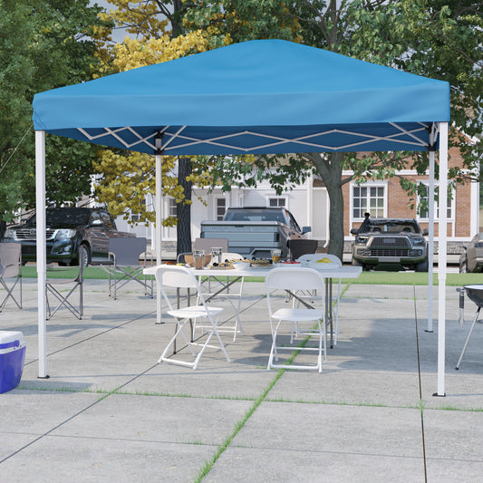 Otis Portable Tailgate/Event Tent Set - 10'x10' Blue Pop Up Canopy Tent, 6-Foot Bi-Fold Table, Set of 4 White Folding Chairs Blue