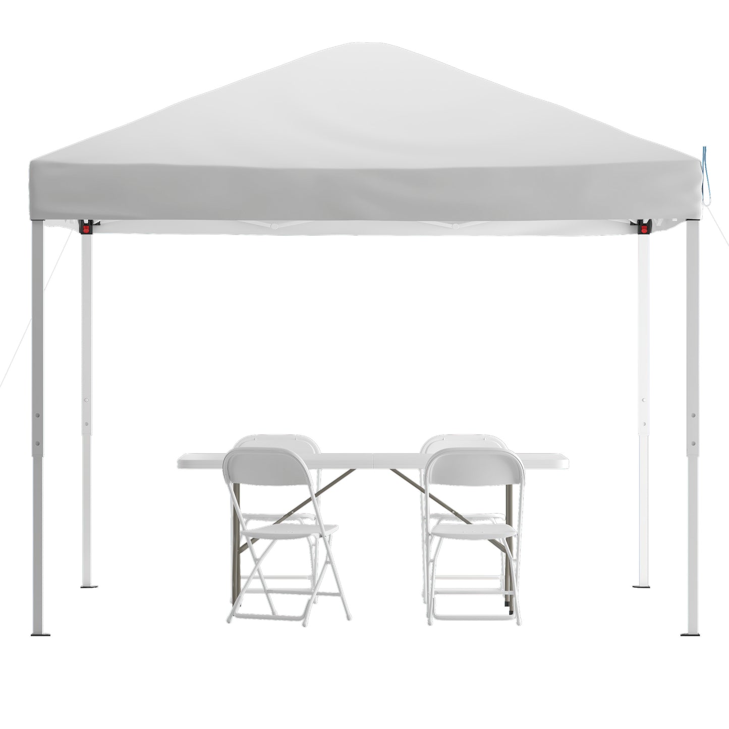 Otis Portable Tailgate/Event Tent Set - 10'x10' White Pop Up Canopy Tent, 6-Foot Bi-Fold Table, Set of 4 White Folding Chairs White