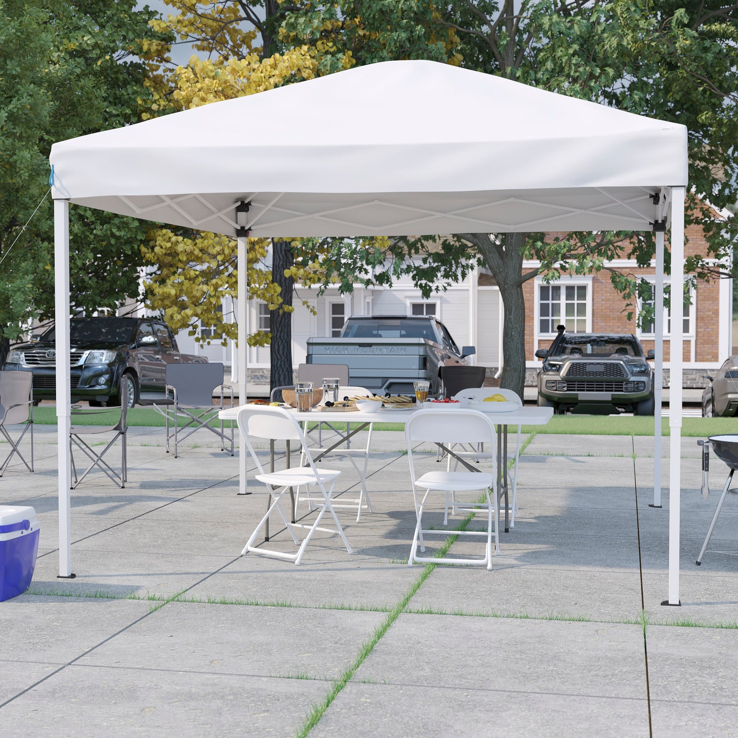 Otis Portable Tailgate/Event Tent Set - 10'x10' White Pop Up Canopy Tent, 6-Foot Bi-Fold Table, Set of 4 White Folding Chairs White