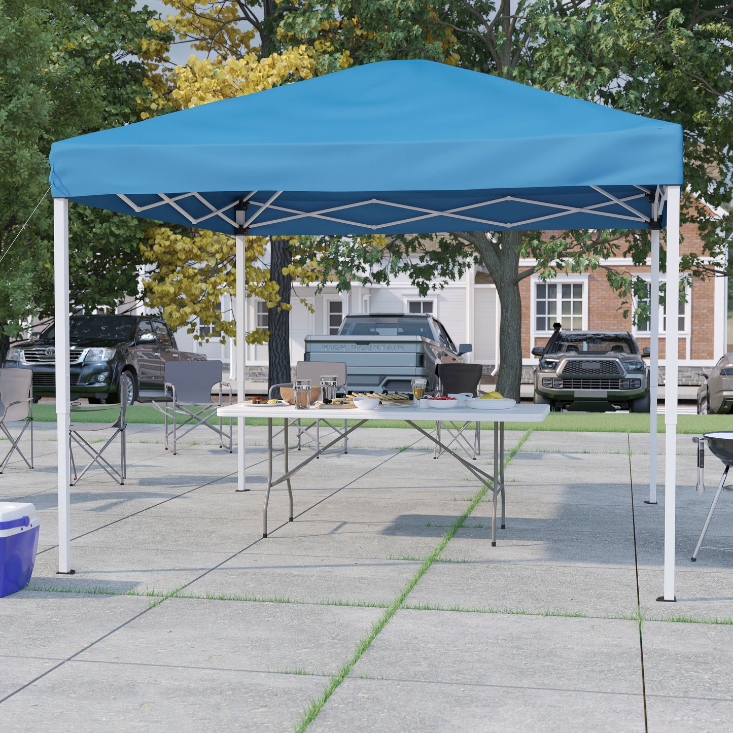 Otis 10'x10' Blue Pop Up Event Canopy Tent with Carry Bag and 6-Foot Bi-Fold Folding Table with Carrying Handle - Tailgate Tent Set Blue