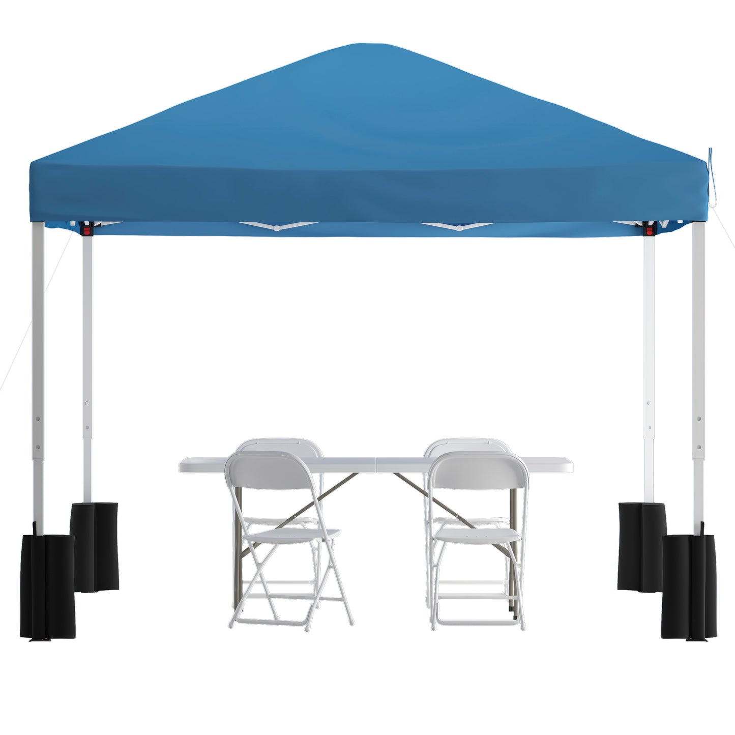 Otis Portable Tailgate/Event Tent Set-10'x10' Wheeled Blue Pop Up Canopy Tent, 6-Foot Bi-Fold Table, 4 White Folding Chairs Blue