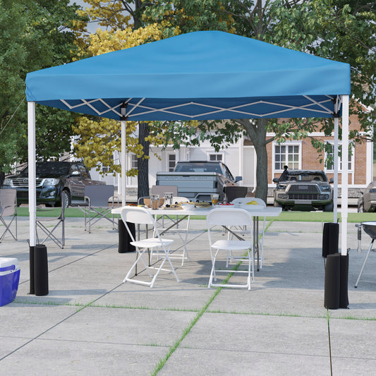 Otis Portable Tailgate/Event Tent Set-10'x10' Wheeled Blue Pop Up Canopy Tent, 6-Foot Bi-Fold Table, 4 White Folding Chairs Blue