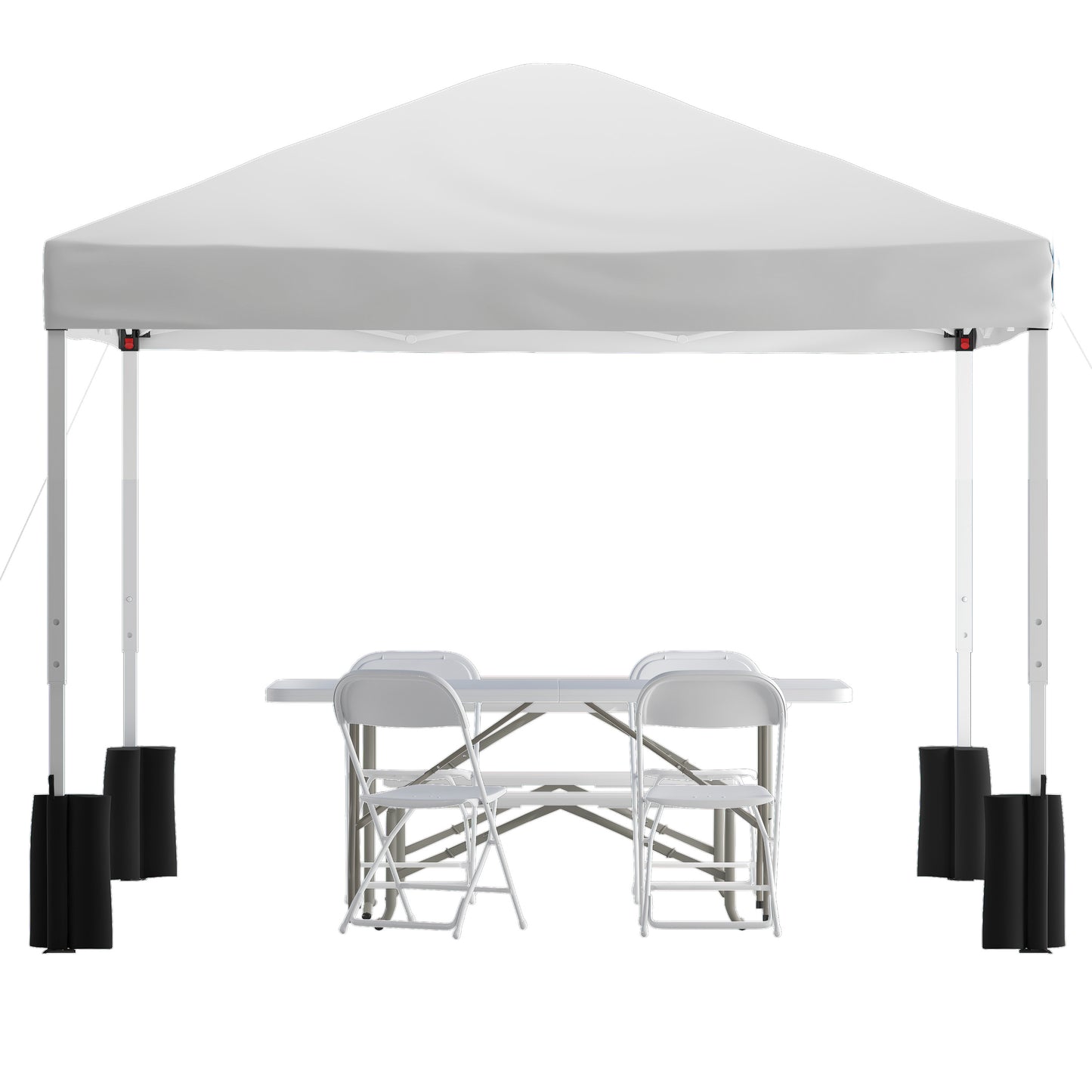 Otis Portable Tailgate/Event Tent Set-10'x10' Wheeled White Pop Up Canopy Tent, 6-Foot Bi-Fold Table, 4 White Folding Chairs White