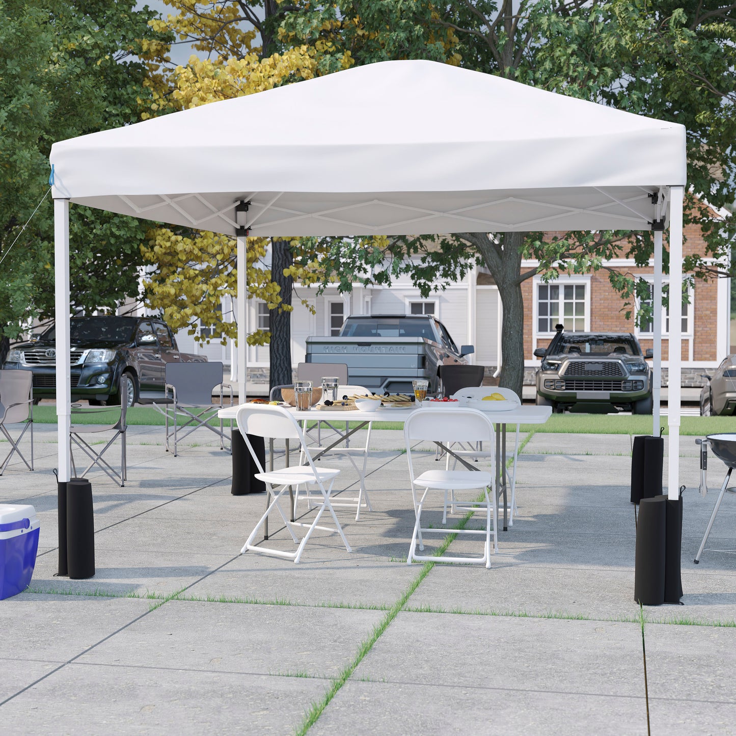 Otis Portable Tailgate/Event Tent Set-10'x10' Wheeled White Pop Up Canopy Tent, 6-Foot Bi-Fold Table, 4 White Folding Chairs White