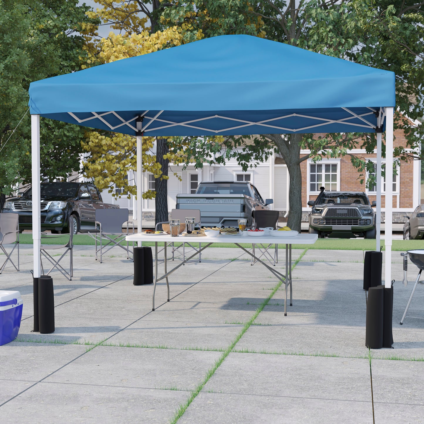Otis 10'x10' Blue Pop Up Canopy Tent with Wheeled Case and 6-Foot Bi-Fold Folding Table with Carrying Handle - Tailgate Tent Set Blue