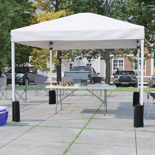 Otis 10'x10' White Pop Up Canopy Tent with Wheeled Case and 6-Foot Bi-Fold Folding Table with Carrying Handle - Tailgate Tent Set White
