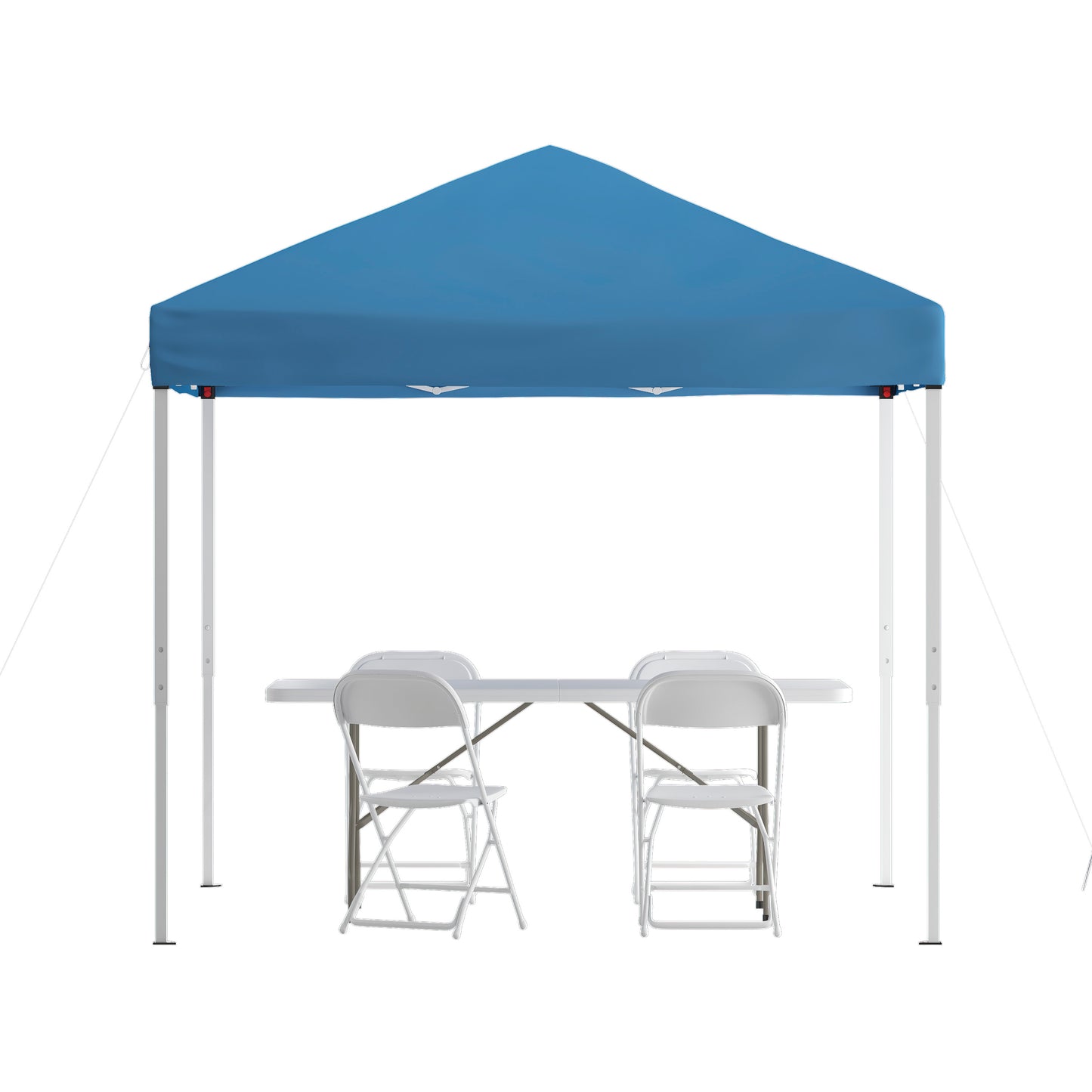 Otis Portable Tailgate/Event Tent Set - 8'x8' Blue Pop Up Canopy Tent, 6-Foot Bi-Fold Table, Set of 4 White Folding Chairs Blue