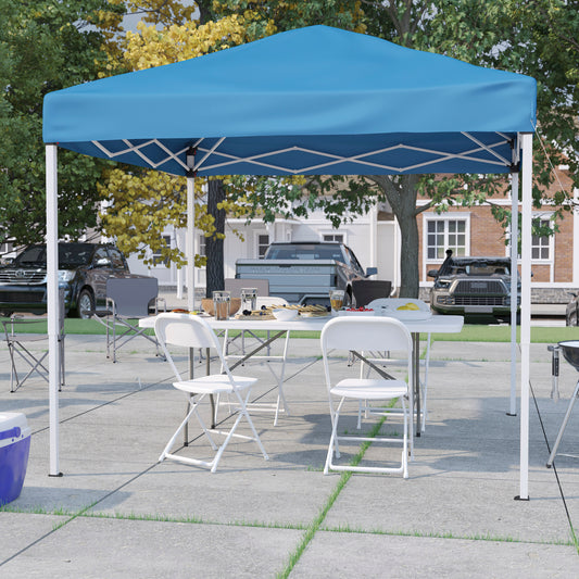 Otis Portable Tailgate/Event Tent Set - 8'x8' Blue Pop Up Canopy Tent, 6-Foot Bi-Fold Table, Set of 4 White Folding Chairs Blue