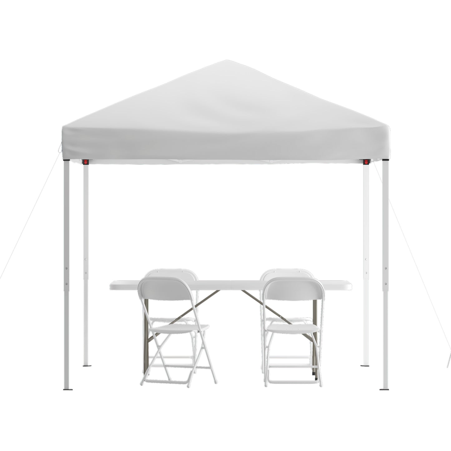 Otis Portable Tailgate/Event Tent Set - 8'x8' White Pop Up Canopy Tent, 6-Foot Bi-Fold Table, Set of 4 White Folding Chairs White