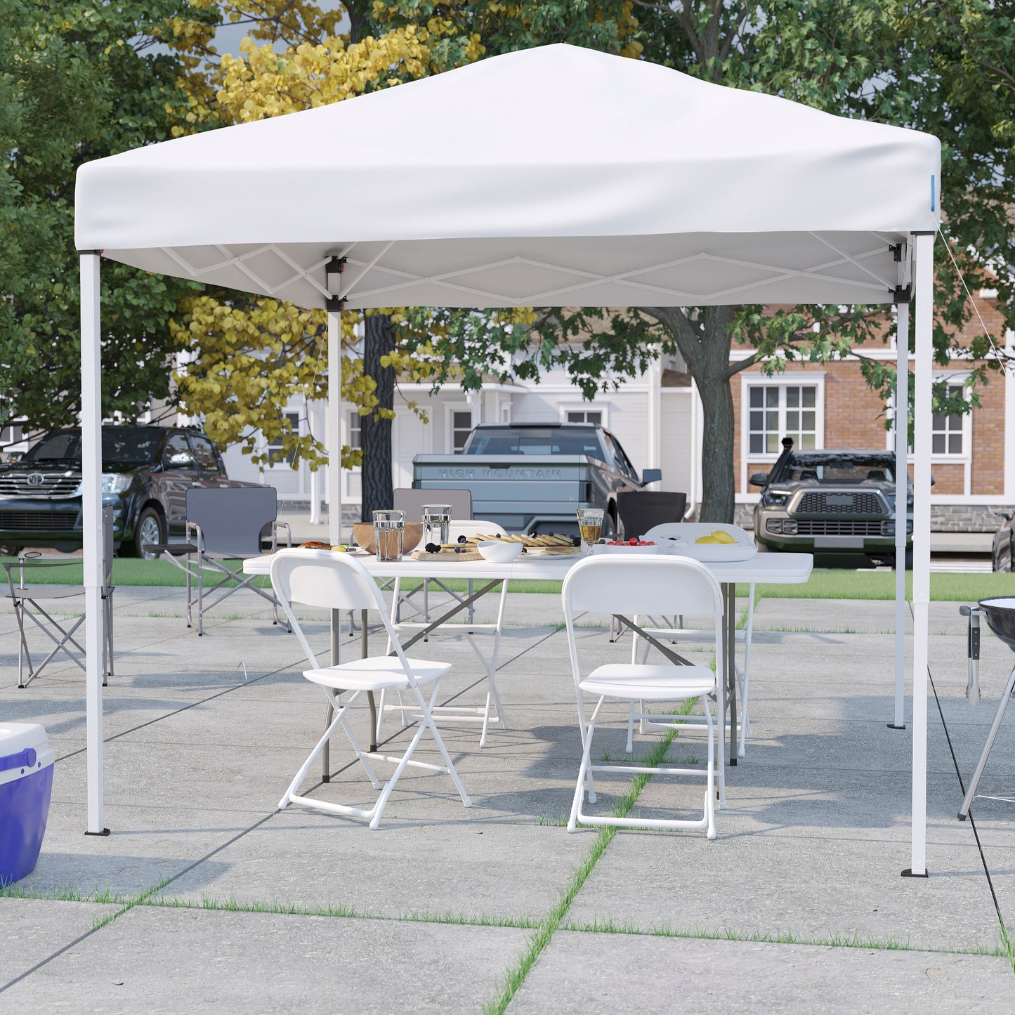 Otis Portable Tailgate/Event Tent Set - 8'x8' White Pop Up Canopy Tent, 6-Foot Bi-Fold Table, Set of 4 White Folding Chairs White