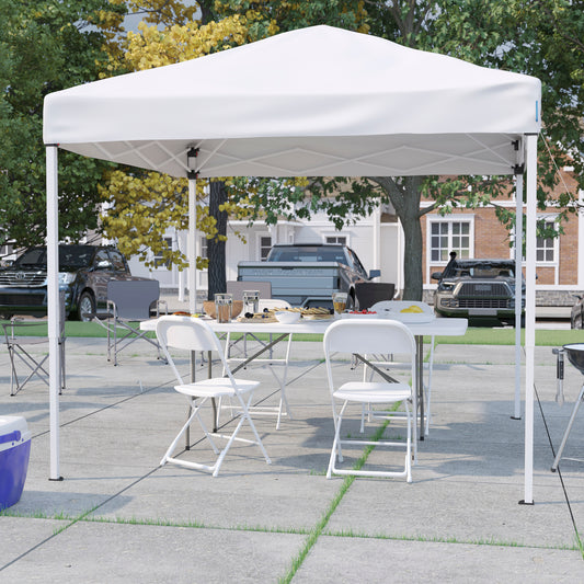 Otis Portable Tailgate/Event Tent Set - 8'x8' White Pop Up Canopy Tent, 6-Foot Bi-Fold Table, Set of 4 White Folding Chairs White
