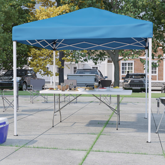Otis 8'x8' Blue Pop Up Event Canopy Tent with Carry Bag and 6-Foot Bi-Fold Folding Table with Carrying Handle - Tailgate Tent Set Blue