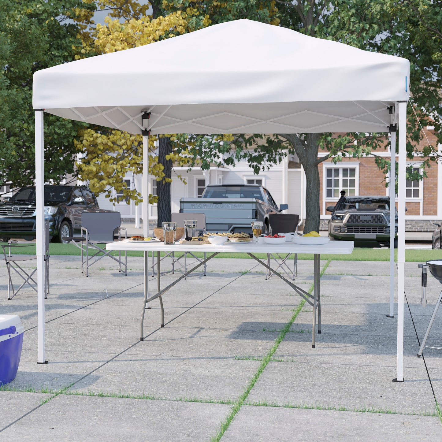 Otis 8'x8' White Pop Up Event Canopy Tent with Carry Bag and 6-Foot Bi-Fold Folding Table with Carrying Handle - Tailgate Tent Set White
