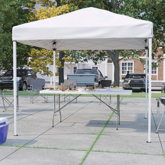 Otis 8'x8' White Pop Up Event Canopy Tent with Carry Bag and 6-Foot Bi-Fold Folding Table with Carrying Handle - Tailgate Tent Set White