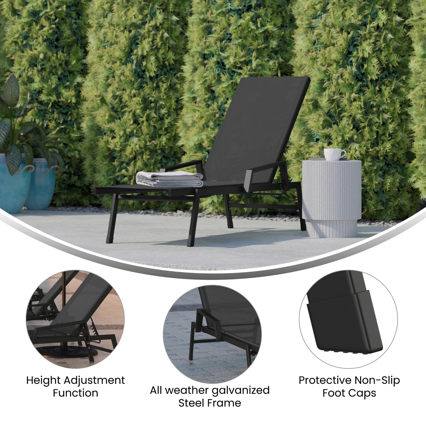 Brazos Adjustable Chaise Lounge Chair with Arms, All-Weather Outdoor Five-Position Recliner, Black/Black Black/Black