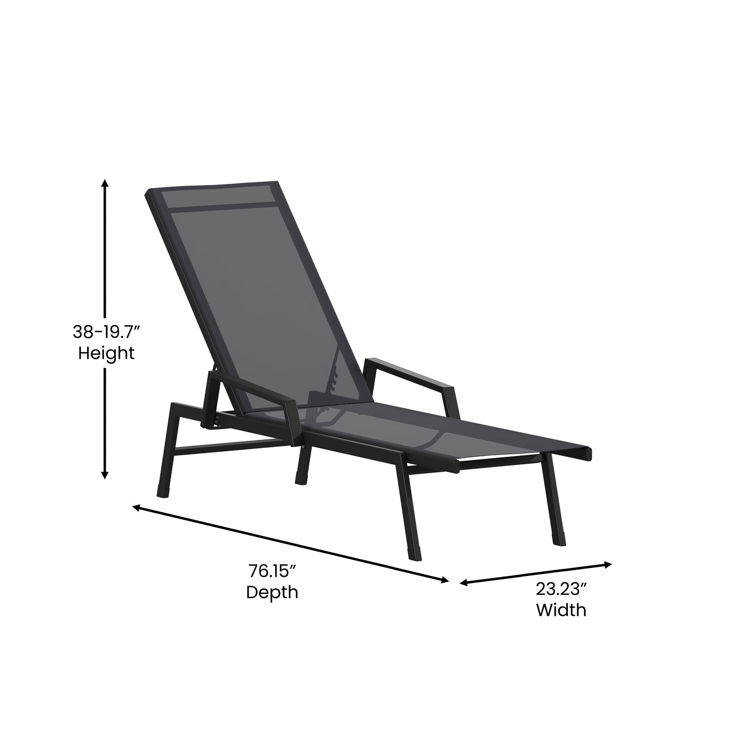 Brazos Adjustable Chaise Lounge Chair with Arms, All-Weather Outdoor Five-Position Recliner, Black/Black Black/Black