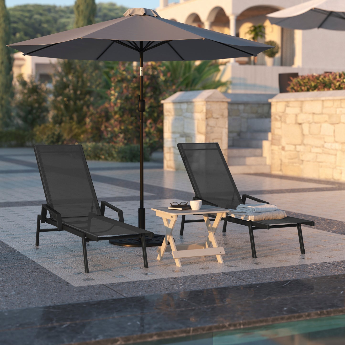 Brazos Adjustable Chaise Lounge Chair with Arms, All-Weather Outdoor Five-Position Recliner, Black/Black Black/Black