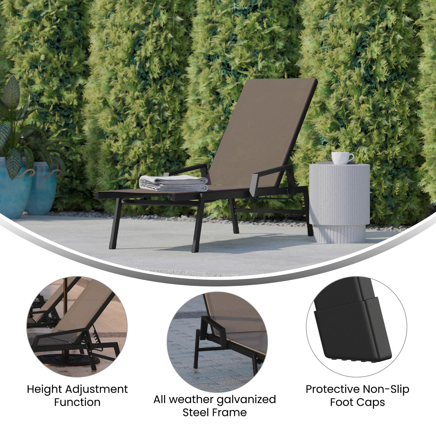 Brazos Adjustable Chaise Lounge Chair with Arms, All-Weather Outdoor Five-Position Recliner, Black/Brown Brown JJ-LC323-BLK-BR-GG