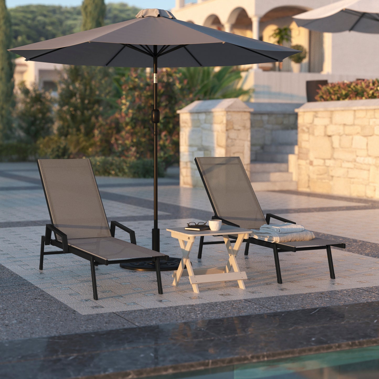 Brazos Adjustable Chaise Lounge Chair with Arms, All-Weather Outdoor Five-Position Recliner, Black/Brown Brown JJ-LC323-BLK-BR-GG