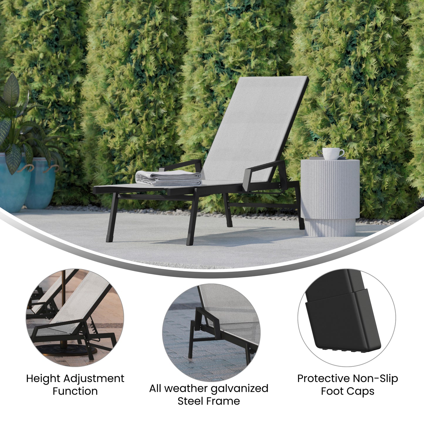 Brazos Adjustable Chaise Lounge Chair with Arms, All-Weather Outdoor Five-Position Recliner, Black/Gray Gray