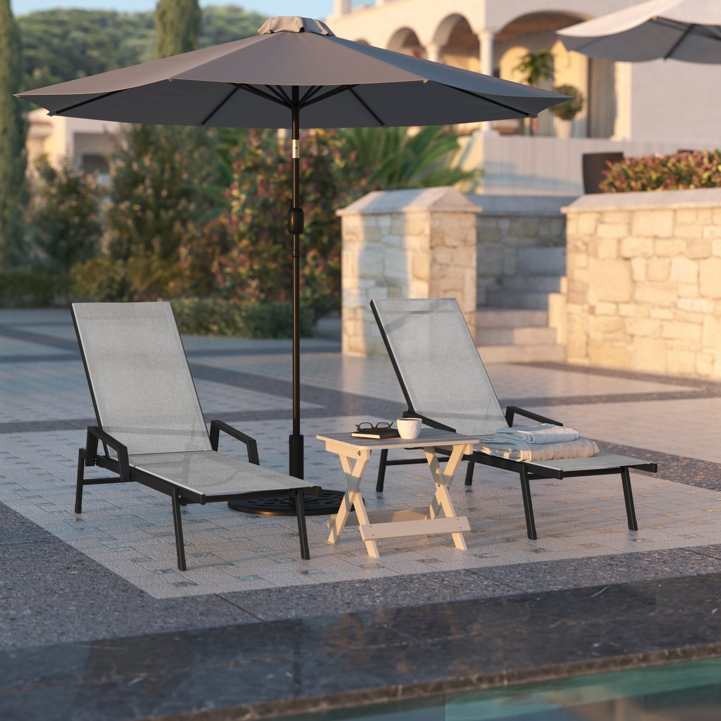Brazos Adjustable Chaise Lounge Chair with Arms, All-Weather Outdoor Five-Position Recliner, Black/Gray Gray