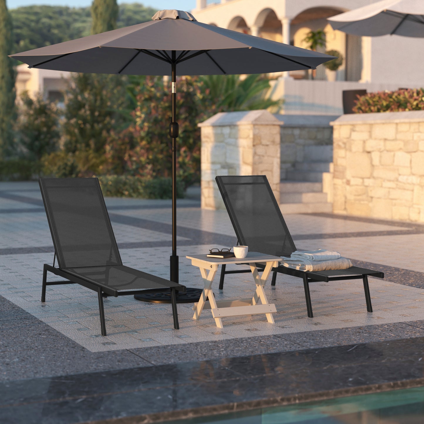 Brazos Adjustable Chaise Lounge Chair, Outdoor Five-Position Recliner, All Weather, Black/Black Black