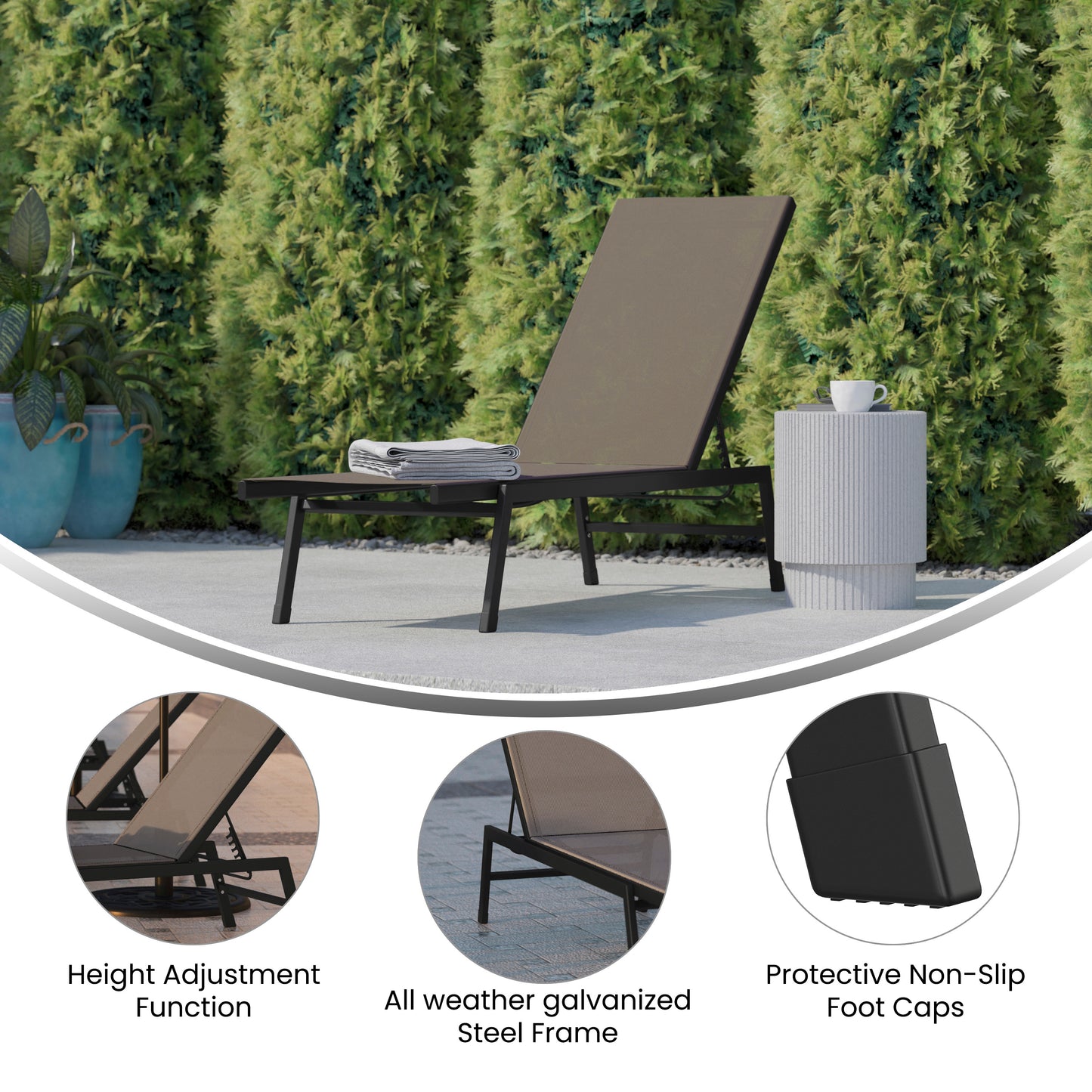 Brazos Adjustable Chaise Lounge Chair, Outdoor Five-Position Recliner, All Weather, Black/Brown Brown JJ-LC326-BLK-BR-GG