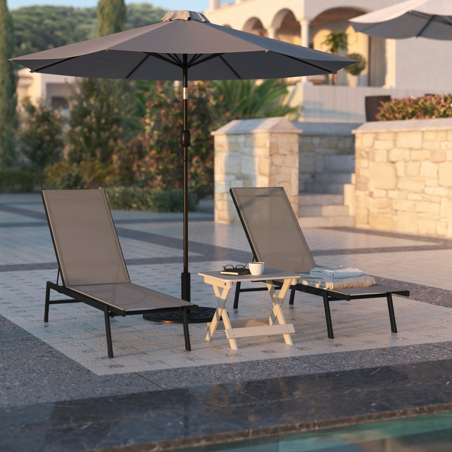 Brazos Adjustable Chaise Lounge Chair, Outdoor Five-Position Recliner, All Weather, Black/Brown Brown JJ-LC326-BLK-BR-GG