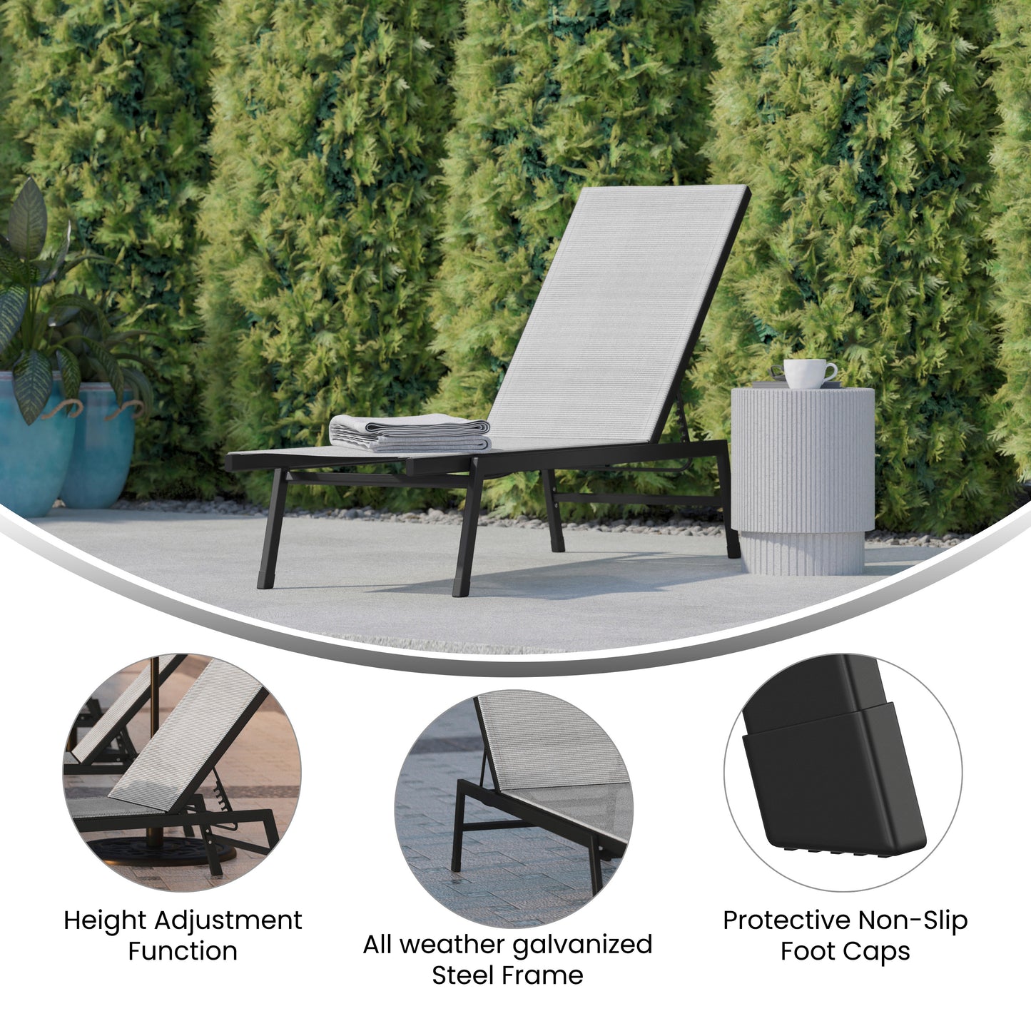 Brazos Adjustable Chaise Lounge Chair, Outdoor Five-Position Recliner, All Weather, Black/Gray Gray