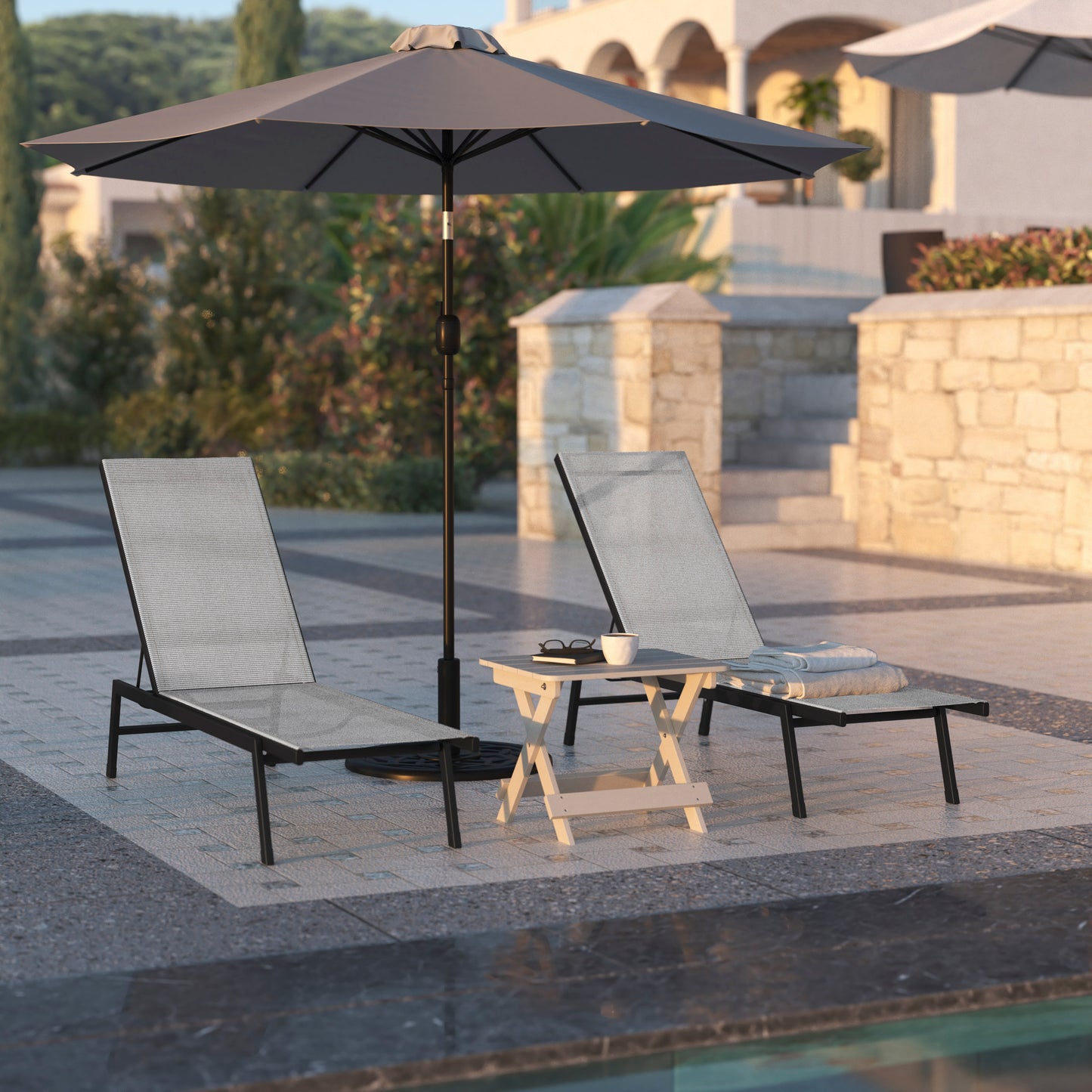Brazos Adjustable Chaise Lounge Chair, Outdoor Five-Position Recliner, All Weather, Black/Gray Gray