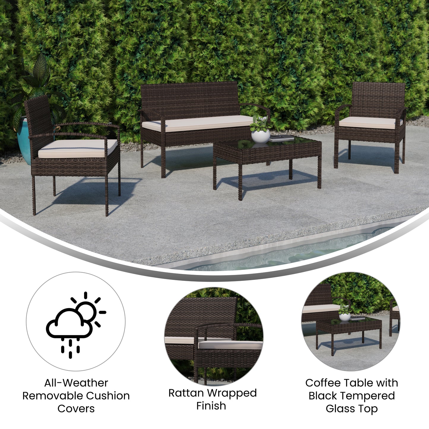 Aransas Series 4 Piece Brown Patio Set with Steel Frame and Beige Cushions Beige Cushions/Brown Frame