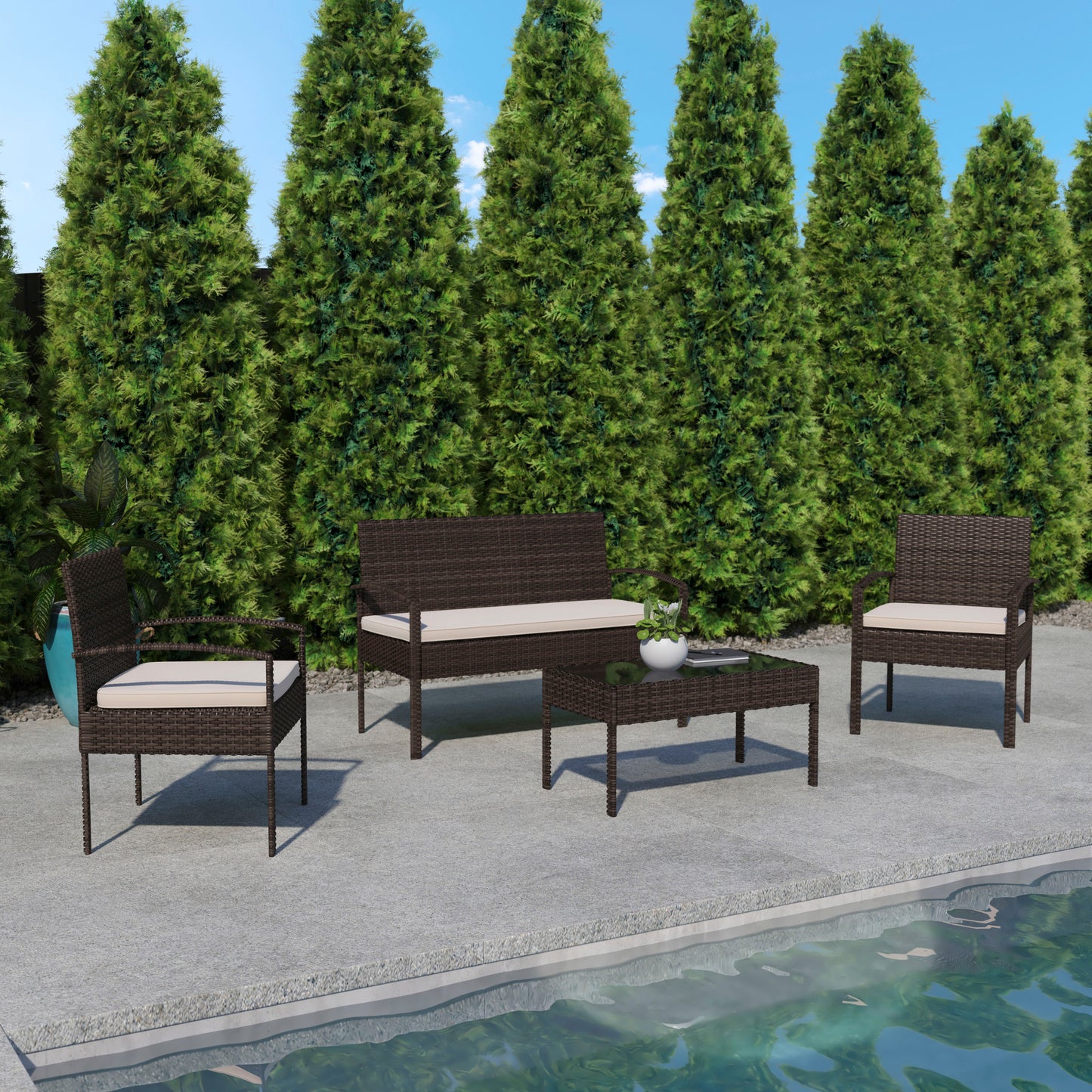 Aransas Series 4 Piece Brown Patio Set with Steel Frame and Beige Cushions Beige Cushions/Brown Frame