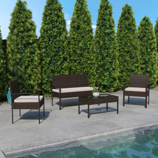Aransas Series 4 Piece Brown Patio Set with Steel Frame and Beige Cushions Beige Cushions/Brown Frame JJ-S312-BNBG-GG