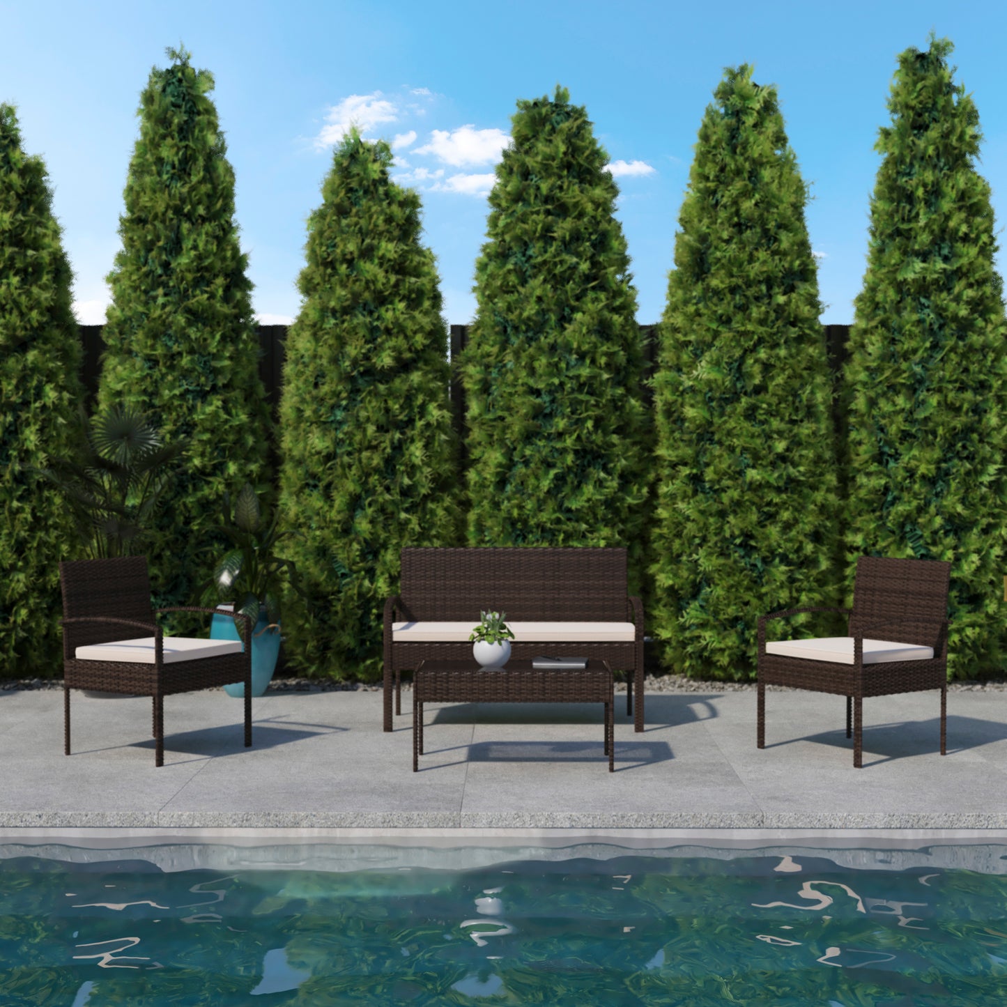 Aransas Series 4 Piece Brown Patio Set with Steel Frame and Beige Cushions Beige Cushions/Brown Frame