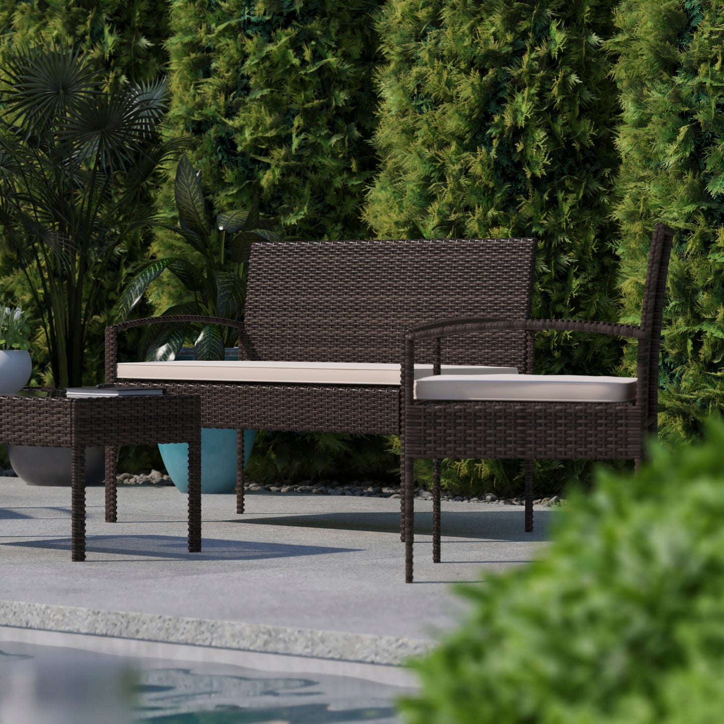 Aransas Series 4 Piece Brown Patio Set with Steel Frame and Beige Cushions Beige Cushions/Brown Frame