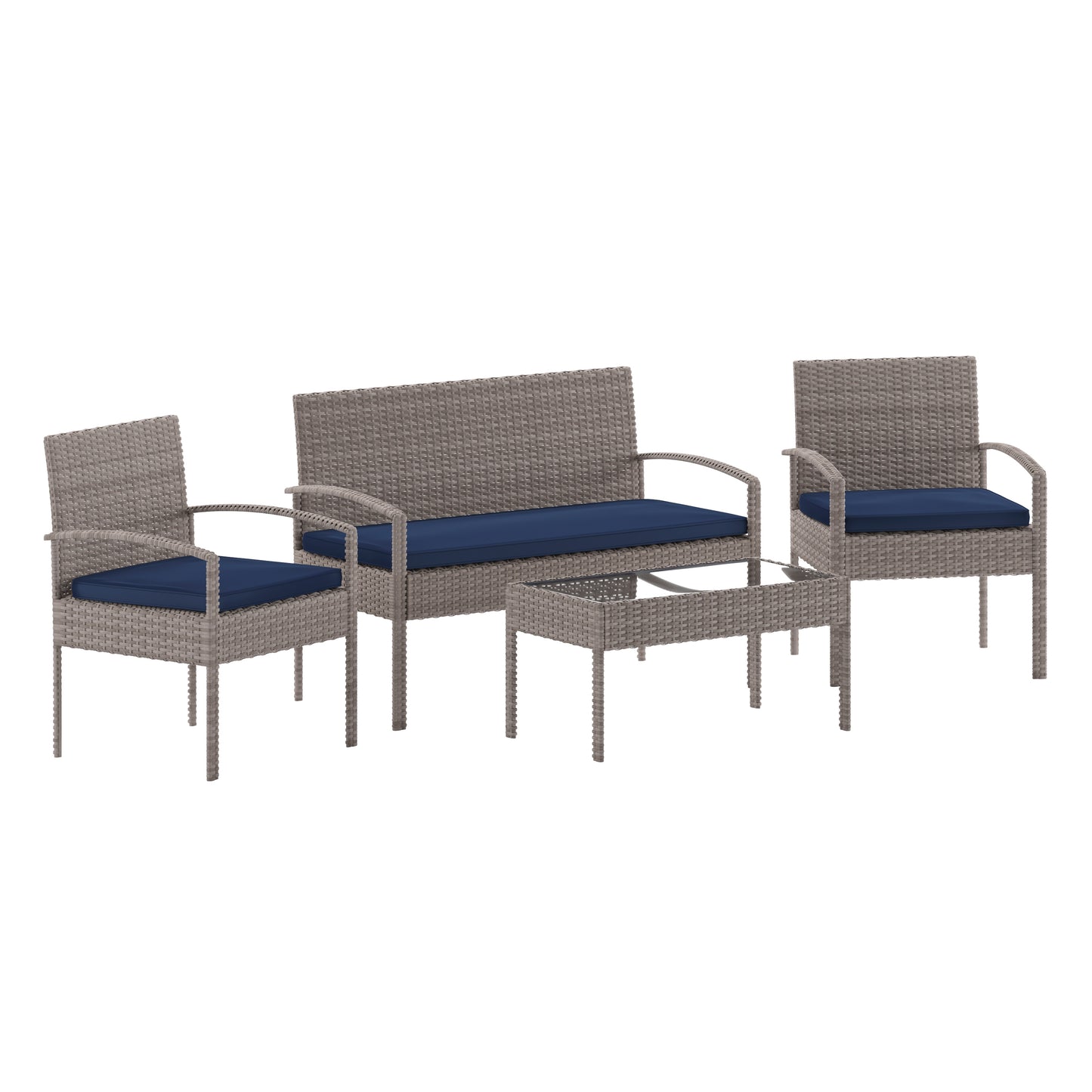 Aransas Series 4 Piece Gray Patio Set with Steel Frame and Navy Cushions Navy Cushions/Light Gray Frame