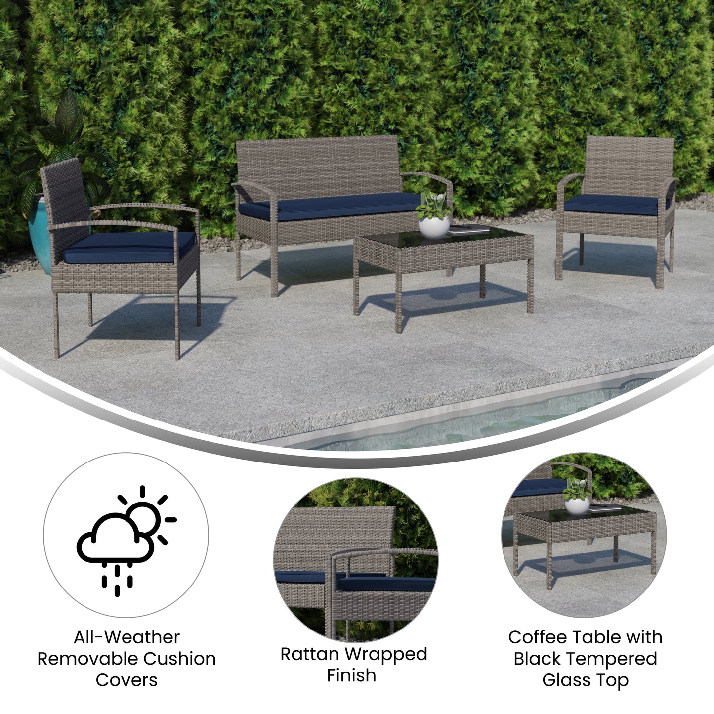 Aransas Series 4 Piece Gray Patio Set with Steel Frame and Navy Cushions Navy Cushions/Light Gray Frame