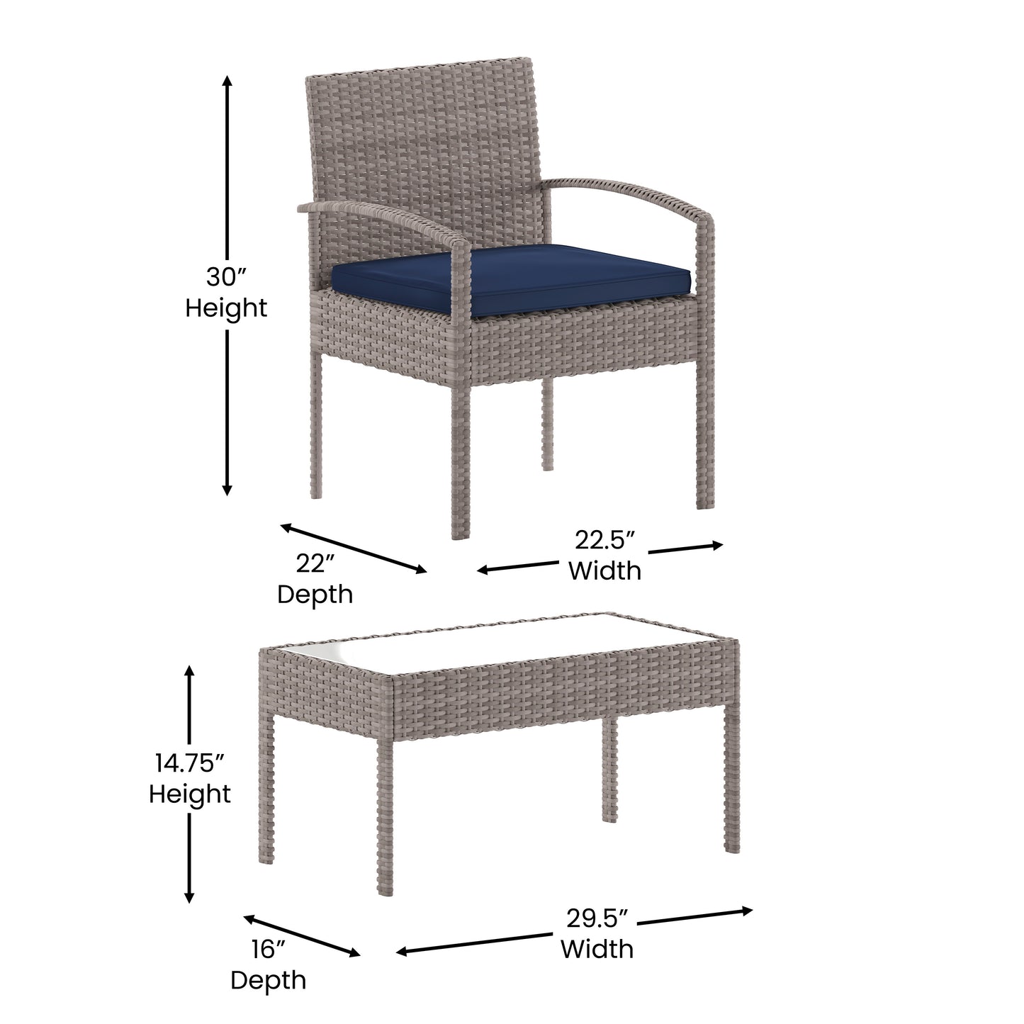 Aransas Series 4 Piece Gray Patio Set with Steel Frame and Navy Cushions Navy Cushions/Light Gray Frame