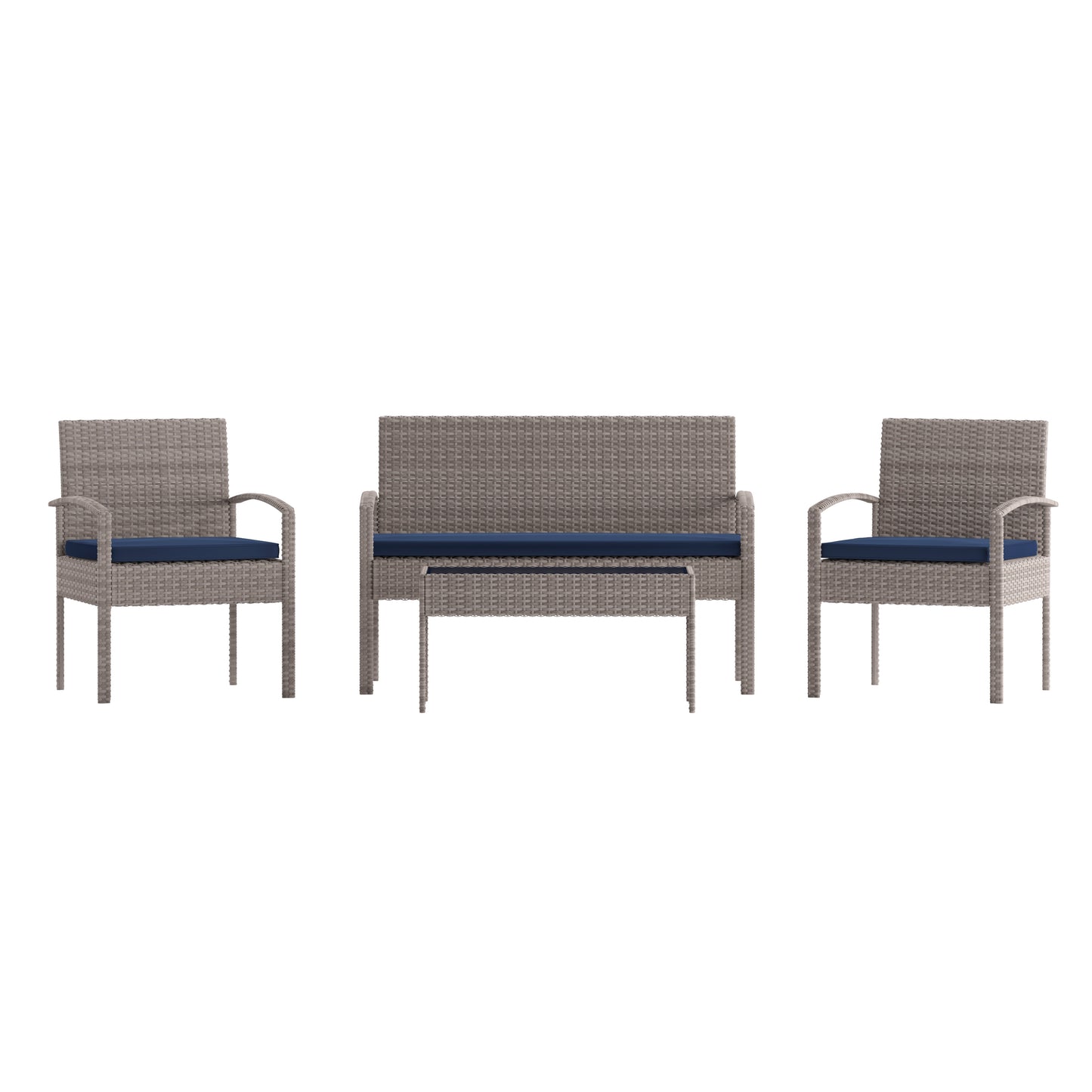 Aransas Series 4 Piece Gray Patio Set with Steel Frame and Navy Cushions Navy Cushions/Light Gray Frame