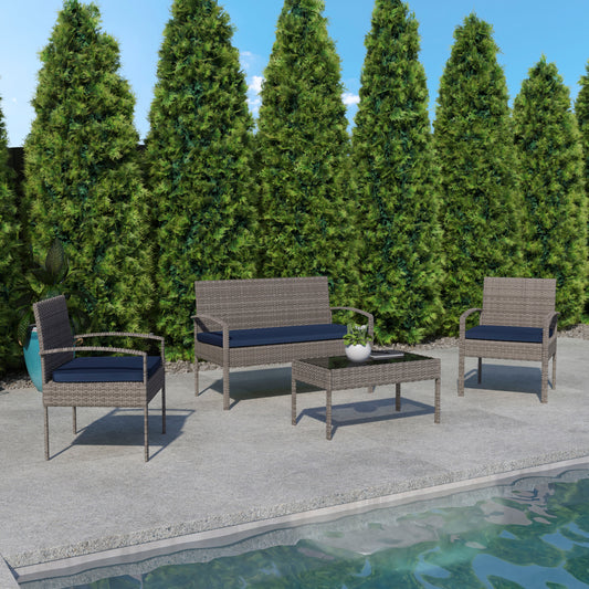 Aransas Series 4 Piece Gray Patio Set with Steel Frame and Navy Cushions Navy Cushions/Light Gray Frame JJ-S312-GYNV-GG