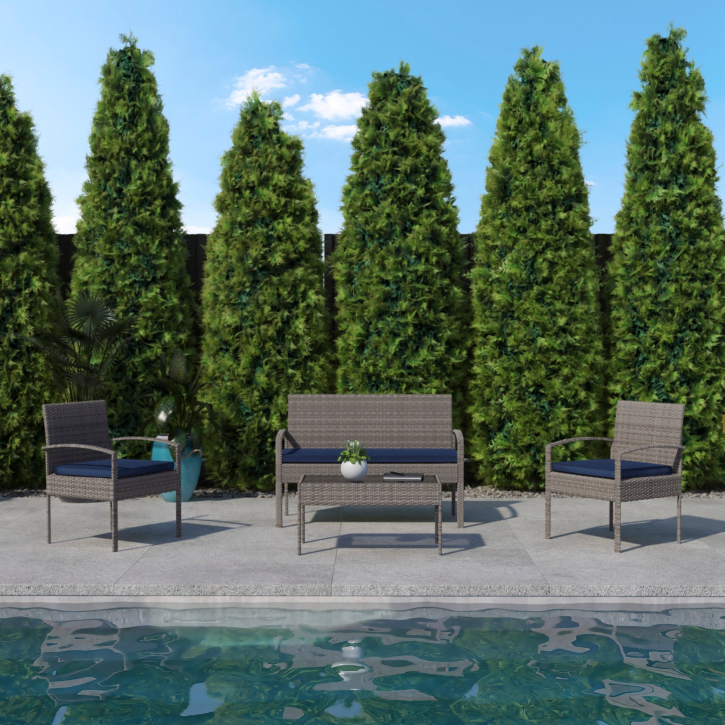 Aransas Series 4 Piece Gray Patio Set with Steel Frame and Navy Cushions Navy Cushions/Light Gray Frame