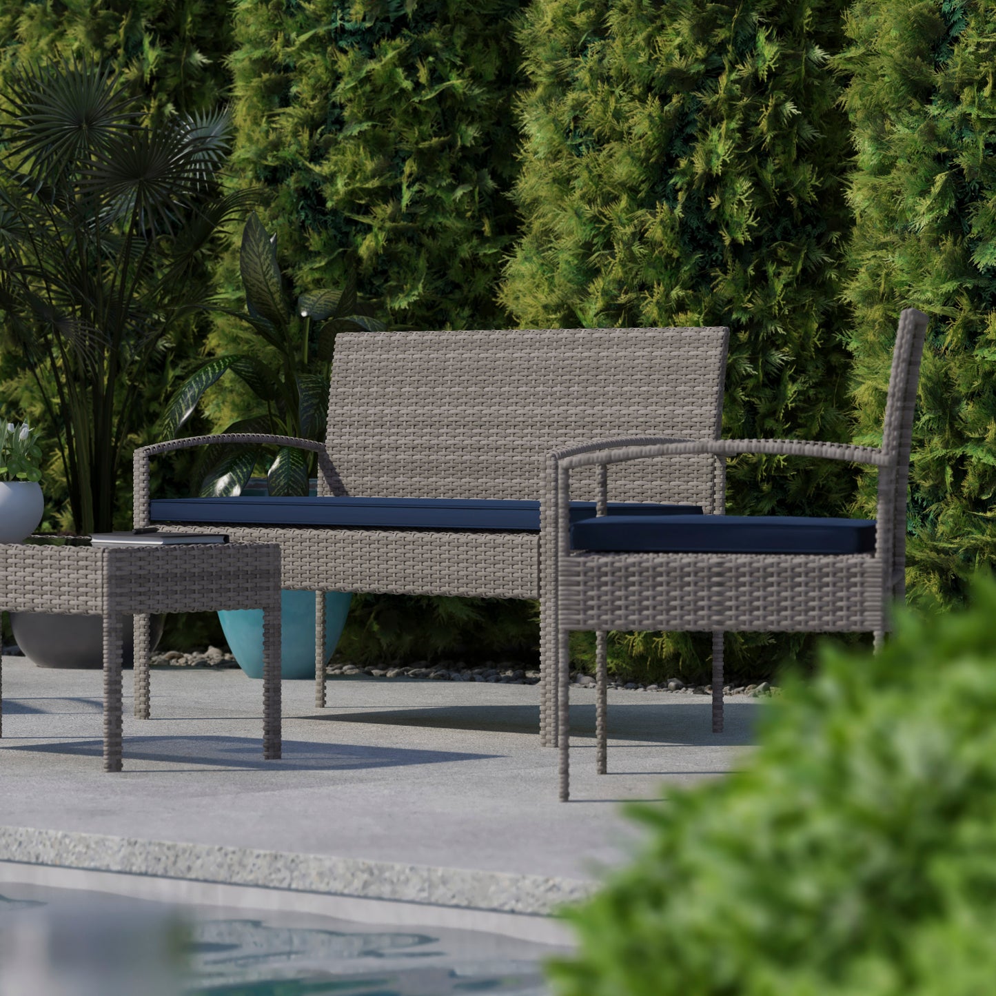 Aransas Series 4 Piece Gray Patio Set with Steel Frame and Navy Cushions Navy Cushions/Light Gray Frame