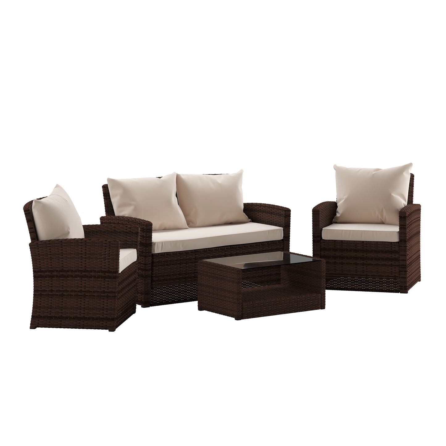 Aransas Series 4 Piece Brown Patio Set with Beige Back Pillows and Seat Cushions Beige Cushions/Brown Frame